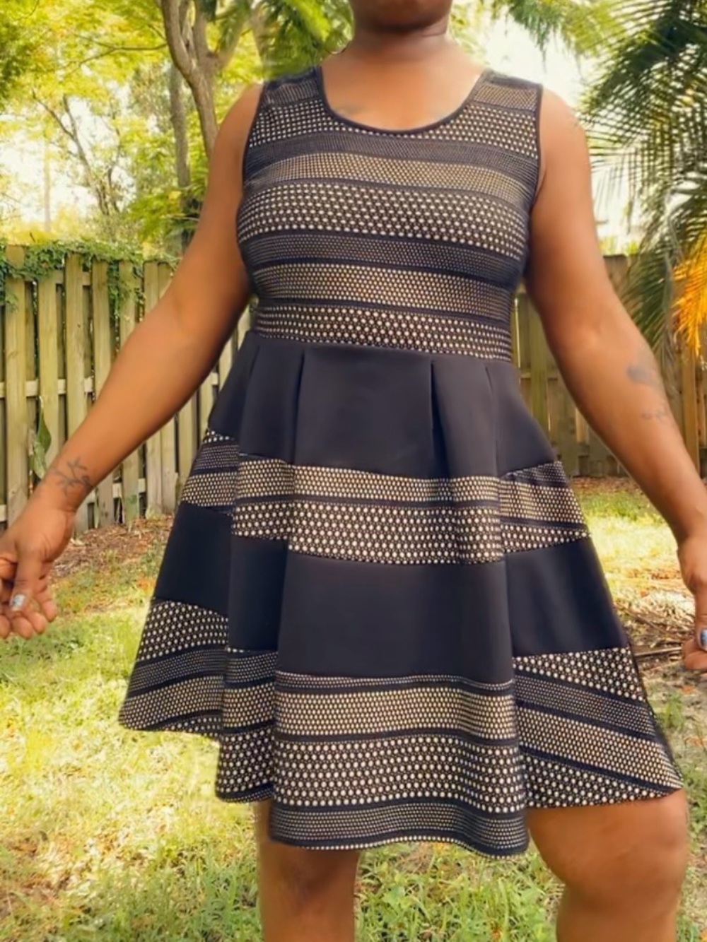 Crystal Doll Black Mini Dress with Gold-Accent Stripes